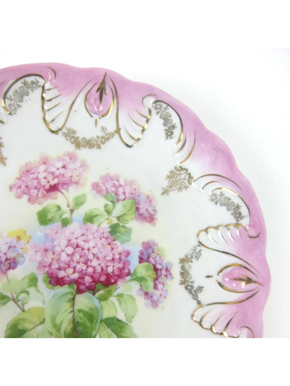 Antique Porcelain Plate Hydrangea Flowers Pink Rim Gold Accents 8